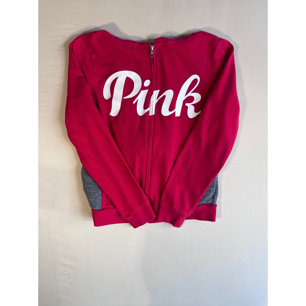 Victorias Secret PINK Full Zip Hoodie Red Gray Script Logo Sweatshirt Small